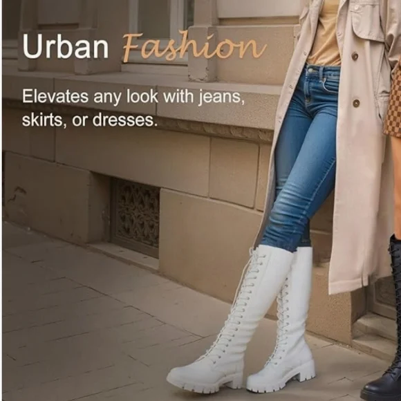 Women's White Knee-High Lace-Up Boots PU and Knit Material New - Picture 3 of 16